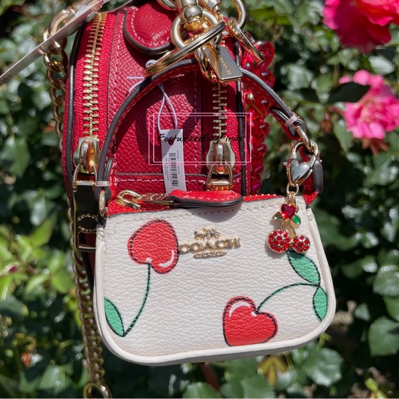 Red Coach Heart Crossbody CE652 Mini Nolita Bag Charm Heart Cherry Print BUNDLE - Picture 4 of 14